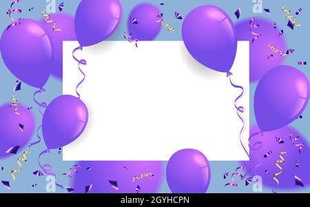 Grußkarte. Festliche Vorlage. Alles Gute zum Geburtstag. Urlaub. Violette Ballons auf blauem Hintergrund mit farbigen komfeti. EPS 10 Stock Vektor
