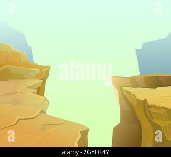Felsige Klippen. Der Rand eines bodenlosen Abgrunds. Bergnebel. Wüstenlandschaft mit Steinen. Illustration im Cartoon-Stil flache Design. Vektor Stock Vektor