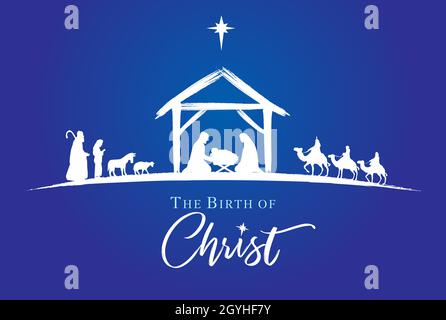 Krippe weiße Silhouette Jesus in Krippe Schäfer und Weißer auf blauem Hintergrund. Die Geburt Christi Vektor-Lettering-Karte. Weihnachtsgeschichte Stock Vektor