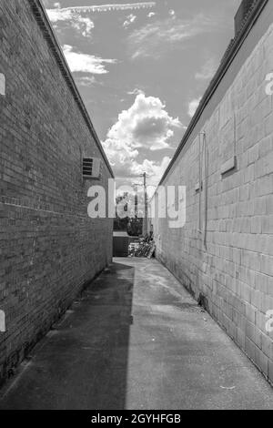 Vertikale Aufnahme in Schwarz-Weiß einer Gasse in Thomasville, Georgia Stockfoto