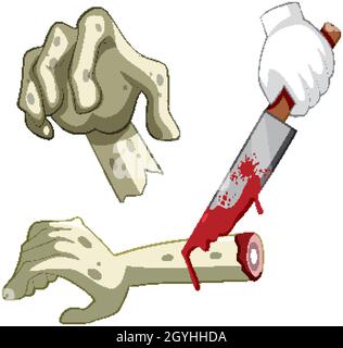 Schneiden Zombie Hand mit Messer auf weißem Hintergrund Illustration Stock Vektor