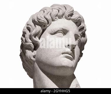 Vorderansicht Nahaufnahme des Mannes, der nach oben antike weiße Marmorbüste Statue isoliert auf weißem Hintergrund Stockfoto