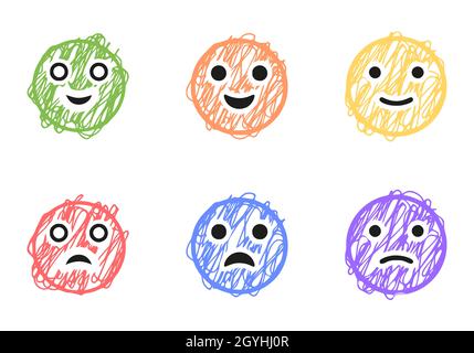 Satz positiver und negativer Emoticons im Scribble-Stil, Vektor-Clip-Art Stock Vektor