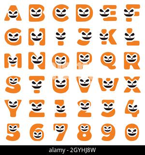 Eine Reihe von Halloween-Zeichen in Form von Buchstaben und Zahlen mit einem verrückten Gesicht, Vektor-Clip-Art. Stock Vektor
