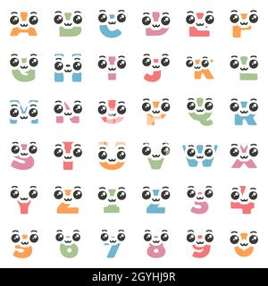 Set von niedlichen Kawaii Zeichen in Form von Buchstaben und Zahlen mit großen Augen, Vektor-Clip-Art. Stock Vektor