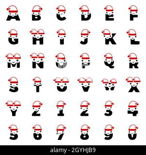 Set von niedlichen Weihnachtsfiguren in Form von Buchstaben und Zahlen, Neujahr oder Weihnachten Vektor Clip Art. Stock Vektor