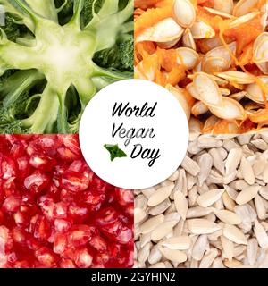 World Vegan Day Konzept mit frischem, gesundem Gemüse, Obst und Samen, einschließlich Brokkoli, Kürbis, Sonnenblumenkernen und Granatapfel, in Squa angeordnet Stockfoto