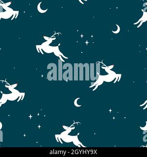Niedliche handgezeichnete Rentiere nahtloses Muster, Nacht mit Sternen und Mond, ideal für Textilien, Banner, Tapeten, Verpackung - Vektor-Design Stock Vektor