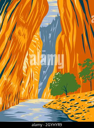 The Narrows of Zion Canyon auf der North Fork of the Virgin River Zion National Park Utah WPA Poster Art Stockfoto