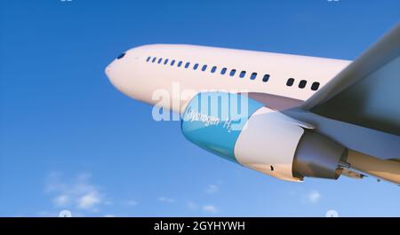 Blauer Wasserstoff füllt H2 Flugzeug fliegt am Himmel - H2 Energie Stockfoto