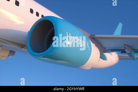 Blauer Wasserstoff füllt H2 Flugzeug fliegt am Himmel - H2 Energie Stockfoto