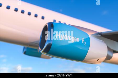 Blauer Wasserstoff füllt H2 Flugzeug fliegt am Himmel - H2 Energie Stockfoto