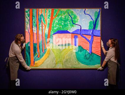 Christie's, London, Großbritannien. Okt. 2021. Werke von Jean-Michel Basquiat, Peter Doig, David Hockney und Bridget Riley sind im Evening Sale des 20./21. Jahrhunderts zu sehen, darunter auch italienische Werke. BILD: DAVID HOCKNEY (B. 1937), Guest House Garden, 2000. Schätzung: £5,000,000 - 7,000,000. Quelle: Malcolm Park/Alamy Live News Stockfoto