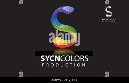 Sycn Color Production Vector Logo-Vorlage. Kreatives 3D abstraktes Vektor-Logo-Design mit glänzendem Effekt. Dieses Objekt sieht aus wie eine Welle oder ein Buchstabe von S. Stock Vektor