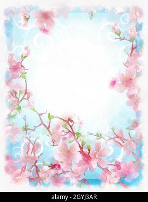 Aquarell rosa Kirschblüten Rahmen mit blauem Hintergrund Stockfoto