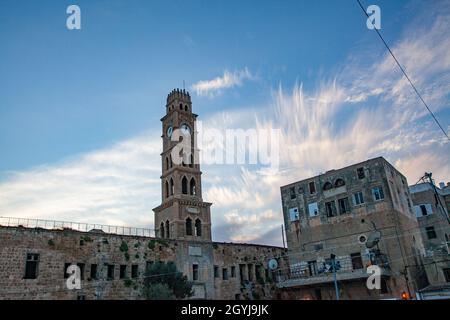 Khan al-Umdan Caravanserai der Säulen' oder 'Gasthaus der Säulen' in der Altstadt von Akko Stockfoto