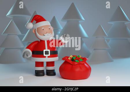 Cartoon Weihnachtsmann mit Geschenktüte im Schnee. Weihnachtskonzept. 3d-Illustration. Stockfoto