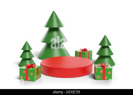 Weihnachtspodium mit Bäumen und Geschenken isoliert auf weißem Hintergrund. 3d-Illustration. Stockfoto