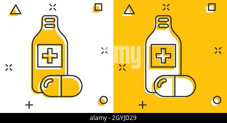 Pille Flasche Symbol im Comic-Stil. Drogen Cartoon Vektor-Illustration auf weißem isolierten Hintergrund. Pharmazie Splash-Effekt Geschäftskonzept. Stock Vektor