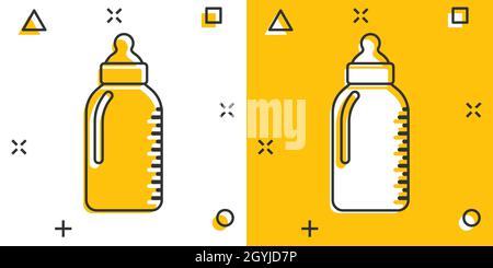 Babyflasche Ikone im Comic Stil. Milchbehälter Cartoon Vektor-Illustration auf weißem isolierten Hintergrund. Geschäftskonzept mit Spritzeffekt aus Glas. Stock Vektor