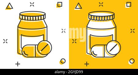 Pille Flasche Symbol im Comic-Stil. Drogen Cartoon Vektor-Illustration auf weißem isolierten Hintergrund. Pharmazie Splash-Effekt Geschäftskonzept. Stock Vektor