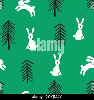 Kindliche nahtlose Muster mit Kaninchen im Wald . Vektor Hase Bäume Hintergrund für Kinder. Skandinavischer Stil. Vektordarstellung Minimalismus Stock Vektor