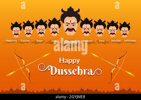 Indisches Festival Dussehra Gruß mit goldenem Pfeil und Bogen. Ravana 10 Köpfe bezeichnet 10 Übel aller. Diese dussehra zerstören Gier, Lust, Wut und Stock Vektor