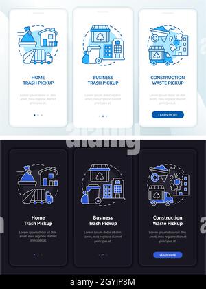 Abholung von Abfallmaterial Tag, Nacht Onboarding mobile App Seite Bildschirm Stock Vektor