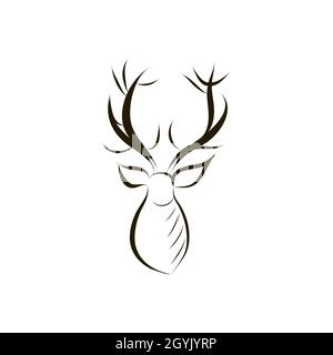 Rentierkopf mit großem Geweih isoliert auf weißem Hintergrund. Handgezeichnetes Schwarz-Weiß-Design. Rote Hirsche Kontur Silhouette. Wapiti-Logo für die Jagd Stock Vektor