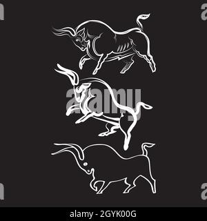 Drei weiße Bullen auf schwarzem Hintergrund. Handgezeichnete Bullen. Wütende Tiere in verschiedenen Posen. Seitenansicht. Stilisierte Büffel. Taurustier-Symbol. Stock Vektor