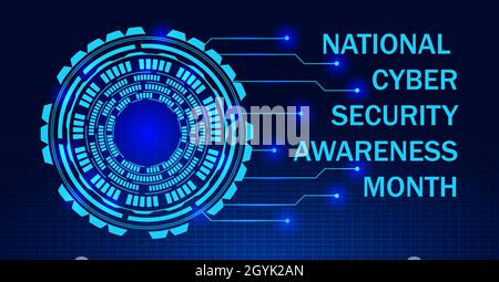 National Cyber Security Awareness Month NCSAM wird im Oktober in den USA beobachtet. HUD-Elemente im Raster, globales Symbol und Konzeptvektor werden auf ultav angezeigt Stock Vektor