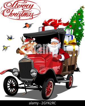 Vektor-Weihnachtskarte mit Cartoon Retro Weihnachten Lieferwagen, Weihnachtsmann, Rentier und weihnachtsschriftzug. Stock Vektor