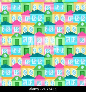 Nahtloses Muster mit bunten Cartoon-Häusern. Niedliche Illustration in Pastelltönen. Druck für Textil, Interieur, Geschenkpapier, Design und Dekor. Stock Vektor
