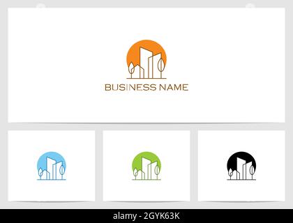 Umreißen Sie Das Stadtgebäude Mit Dem Logo „Sun Behind“ Stock Vektor