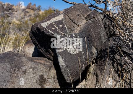 Eine anthropomorphe Figur, die auf einem Basaltsteinblock in der Petroglyph-Stätte Three Flueans, New Mexico, geschnitzt wurde. Stockfoto