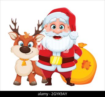 Frohe Weihnachten und Glückwünsche zum neuen Jahr. Fröhlicher Weihnachtsmann, der in der Nähe von Hirschen steht und mit Geschenken übersäte. Vektorgrafik Stock Vektor