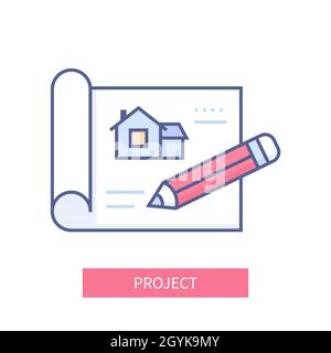 Project - Moderne bunte Linie Design-Stil Symbol auf weißem Hintergrund. Ordentliches, detailliertes Bild des Hausdruckes. Gebäudeplanung, Planung, d Stock Vektor