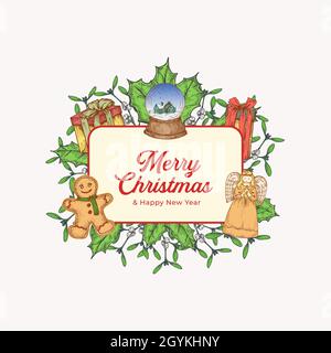 Bunte Grußkarte zu Weihnachten und Neujahr mit rechteckiger Rahmenbanner und niedlicher Typografie. Weihnachtsfeiertage Grußetikett oder Sticker Layout mit Stock Vektor