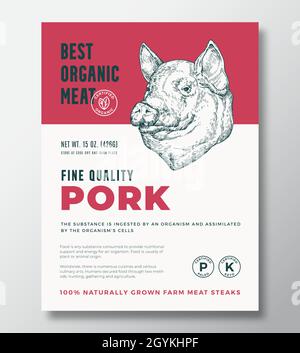 Best Organic Meat Abstract Vector Packaging Design oder Label Template. Banner Mit Schweinestäcken Aus Eigener Landwirtschaft. Moderne Typografie und handgezeichneter Schweinkopf Stock Vektor