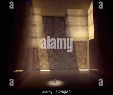 Monumentale Innenausstattung, abstrakte architektonische Beton minimalistischen Struktur . 3D-Illustration. Stockfoto