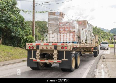 Adjuntas, PR, 20. Januar 2020 -- Lieferungen kommen per Militärfahrzeug mit Lieferungen für Erdbebenüberlebende an. Das Beben, eine Magnitude 64., schlug in den frühen Morgenstunden des 7. Januar. Die Bewohner bleiben nervös, da Nachbeben anstehen. Foto von Liz Roll/FEMA Stockfoto