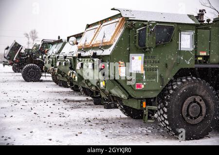 U.S. Marines with Transportation Services Company, Combat Logistics Battalion 4, Combat Logistics Regiment 3, 3rd Marine Logistics Group, bereiten sich darauf vor, während der Übung Northern Viper in Yausubetsu Training Area, Hokkaido, Japan, 20. Januar 2020, auf ein Logistisches Fahrzeugsystem-Austauschwerk abzulegen. Personal, das derzeit dem Element Logistics Command zur Übung Northern Viper zugewiesen ist, bereitet sich auf bevorstehende Operationen vor. Northern Viper ist eine regelmäßig geplante Trainingsübung, die die Interoperabilität der US-amerikanischen und japanischen Allianz verbessern soll, indem es Infanterieeinheiten ermöglicht, die TH beizubehalten Stockfoto