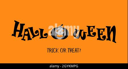 Happy Halloween Text Banner mit Kürbis. Text mit Kürbis auf orangefarbenem Hintergrund. Halloween Typografie Druck für Flyer, Poster, Grußkarte, Bann Stock Vektor