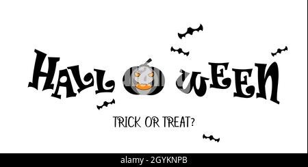 Happy Halloween Text Banner mit Kürbis. Text mit Kürbis auf weißem Hintergrund. Halloween Typografie Druck für Flyer, Poster, Grußkarte, Banner Stock Vektor