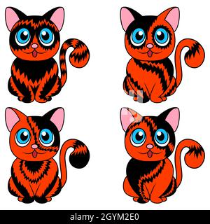 Vier amüsante verschiedene Cartoon-Katzen für Halloween isoliert auf weißem Hintergrund, schwarz und orange Bild von Haustieren Stock Vektor