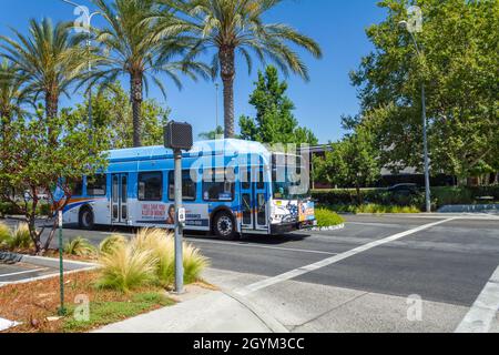 Brea, CA, USA – 1. August 2021: Ein OCTA-Bus hielt an einer Kreuzung, die die Brea Mall in der Orange County-Stadt Brea, Kalifornien, verließ. Stockfoto