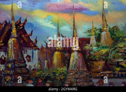 Kunst Malerei Ölfarbe Tempel, Thailand Landschaft, Chedis am Wat Pho Tempel Stockfoto