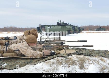US-Marineinfanteristen vom 2. Bataillon, 3. Regiment, 3. Marine Division, führen während der Übung Northern Viper auf dem Hokudaien Training Area, Hokkaido, Japan, am 28. Januar 2020, eine bilaterale Scharfschützengewehr-Reichweite mit Soldaten der 5. Brigade, Japan Ground Self-Defense Force durch. Northern Viper ist eine regelmäßig geplante Trainingsübung, die die Interoperabilität der US- und Japan-Allianz verbessern soll, indem sie es Marine Air-Ground Task Forces der III Marine Expeditionary Force ermöglicht, ihre Letalität und Kompetenz in MAGTF Combined Arms Operations bei kaltem Wetter aufrechtzuerhalten. Stockfoto
