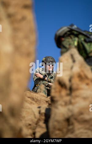 U.S. Marine Corps Sgt. Nathan Fox, ein Aufklärungsmarine mit 1. Aufklärungsbataillon, 1. Marine Division, überwacht einen japanischen Boden-Selbstverteidigungssoldaten mit Amphibious Rapid Deployment Brigade, während er während eines Sturmklettertrainings im Rahmen der Übung Iron Fist 2020 im Marine Corps Base Camp Pendleton, Kalifornien, Januar 28, eine Felsformation bestieg. Iron Fist bietet realistische, relevante Schulungen, die für effektive kombinierte Militäroperationen erforderlich sind. (USA Marine Corps Foto von CPL. Anabel Abreu Rodriguez) Stockfoto