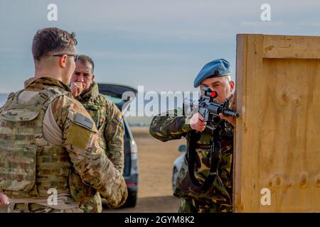 Mitglieder der rumänischen Streitkräfte führen am 29. Januar 2020 mit Soldaten der 382. Militärpolizei-Abteilung in der Nähe des Militärflughafens Mihail Kogalniceanu, Rumänien, eine Schießausbildung durch. Die Dienstmitglieder wurden mit dem M-4-Gewehr der US-Soldaten trainiert, das für die meisten US-Truppen das primäre Kleinwaffengewehr ist. (USA Armeefoto von Sgt. Dommnique Washington, 7. Mobile Public Affairs Detachment) Stockfoto